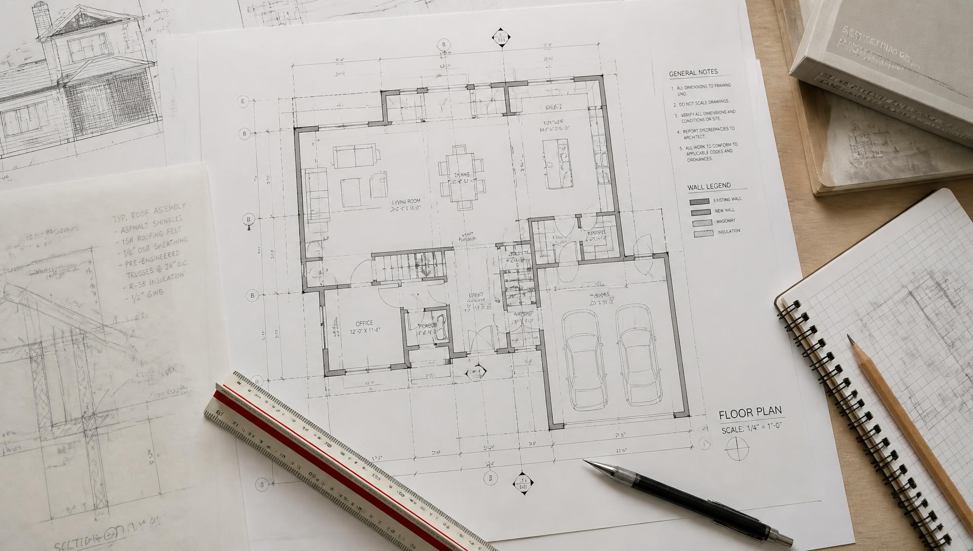 Planimetrie tecniche e strumenti da disegno su scrivania